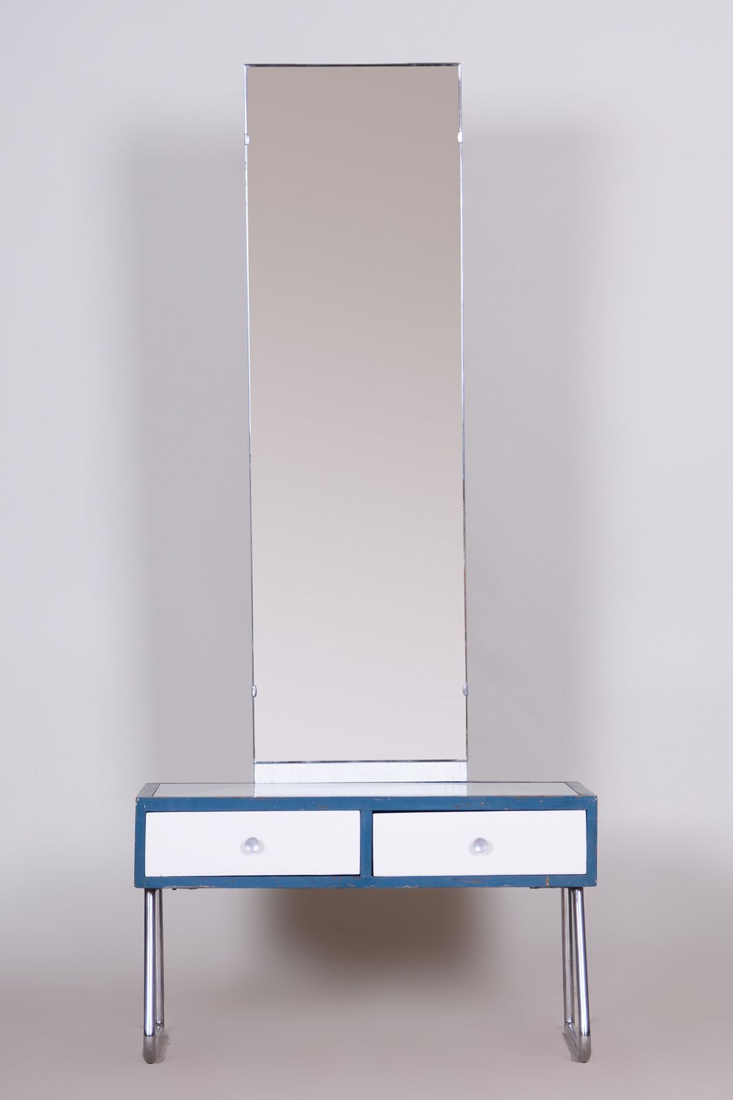 Blue And White Chrome Bauhaus Dressing Mirror, Made In 1930s, Czechia   Vichr A Spol. photo Home Decor