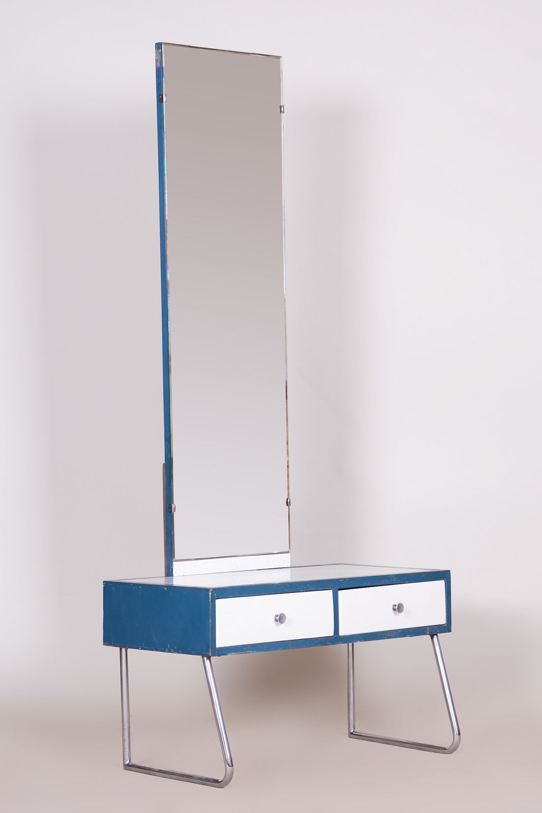 Blue And White Chrome Bauhaus Dressing Mirror, Made In 1930s, Czechia   Vichr A Spol. photo vinterior