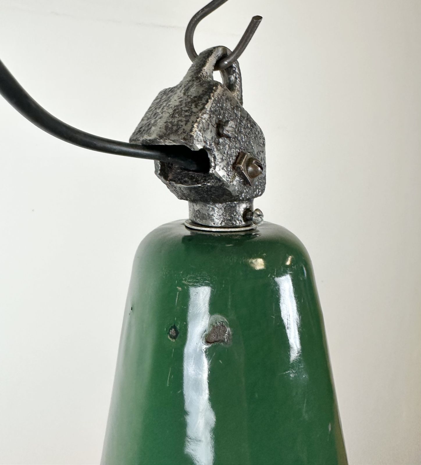Industrial Green Enamel Factory Lamp With Cast Iron Top, 1960s photo vinterior
