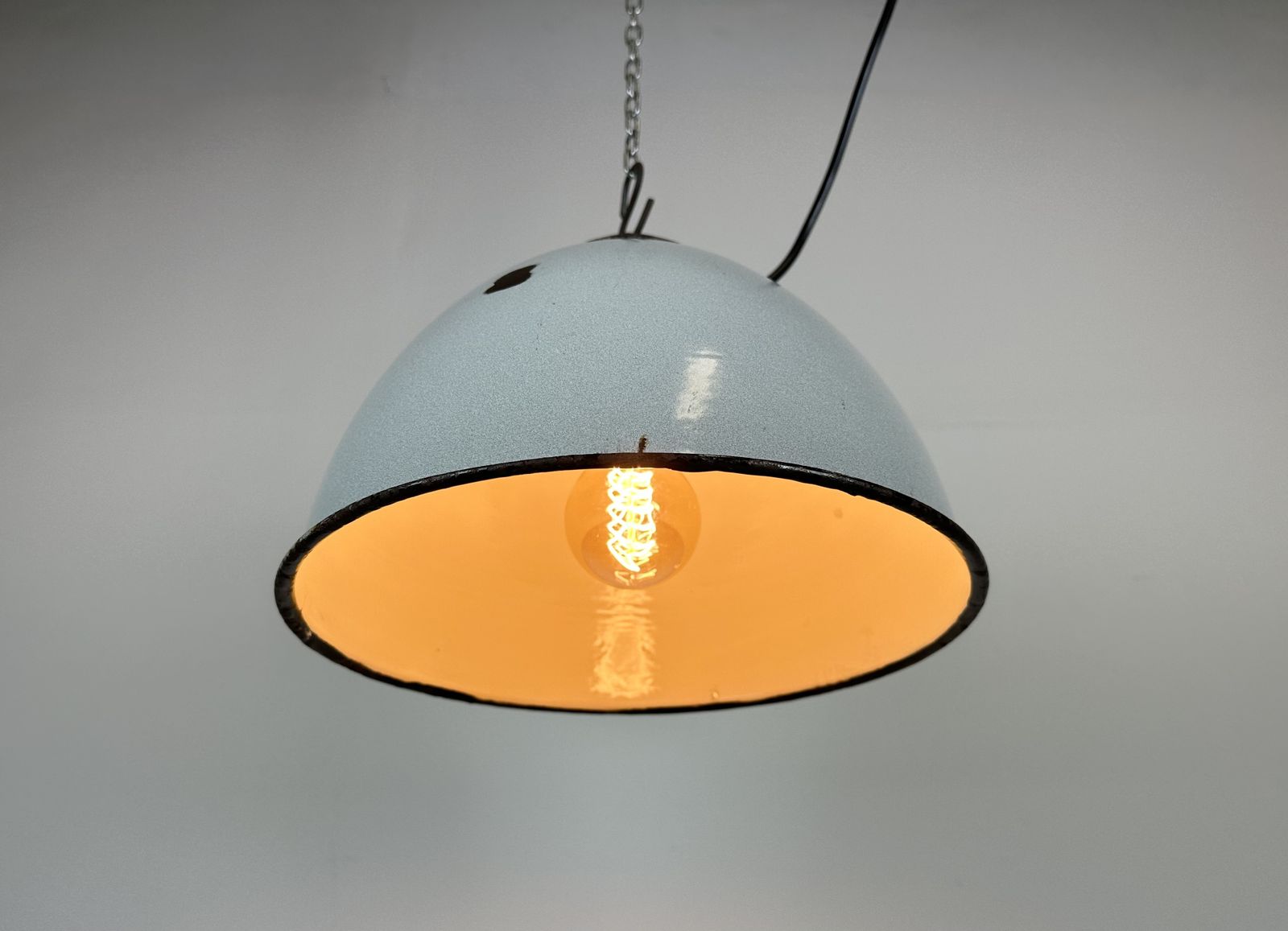 Industrial Grey Enamel Factory Lamp With Cast Iron Top, 1960s, 3x photo for sale