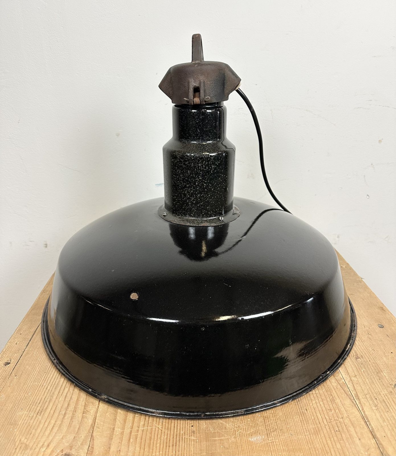 Industrial Midcentury Black Enamel Factory Lamp, 1950s, 2x photo for sale