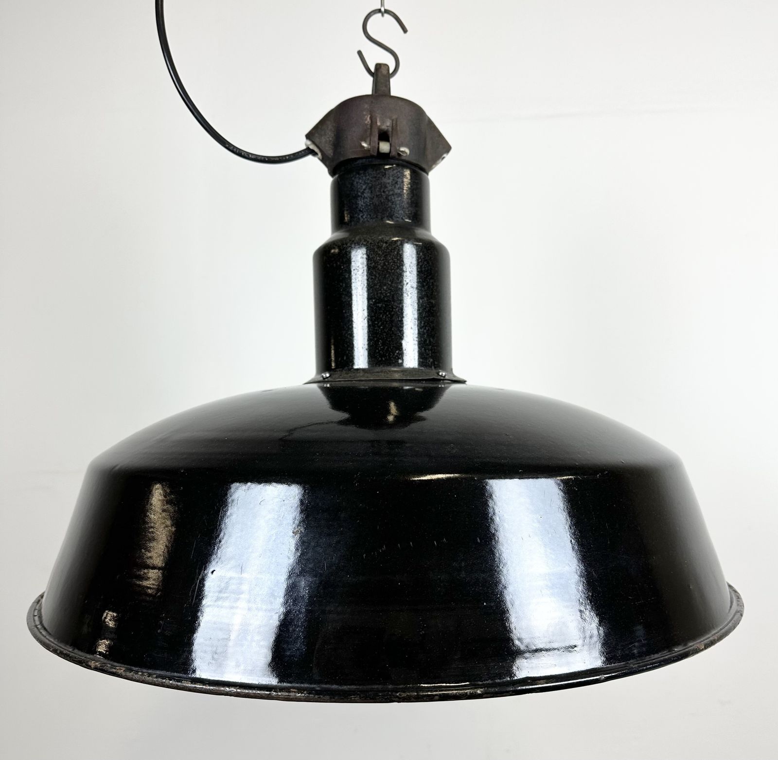 Industrial Midcentury Black Enamel Factory Lamp, 1950s, 2x photo Lighting