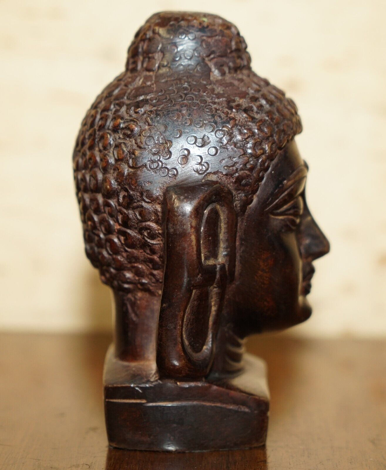 Lovely Pair Of Indonesian Bronzed Buddha Heads Very Decorative Lovely Patina photo vinterior