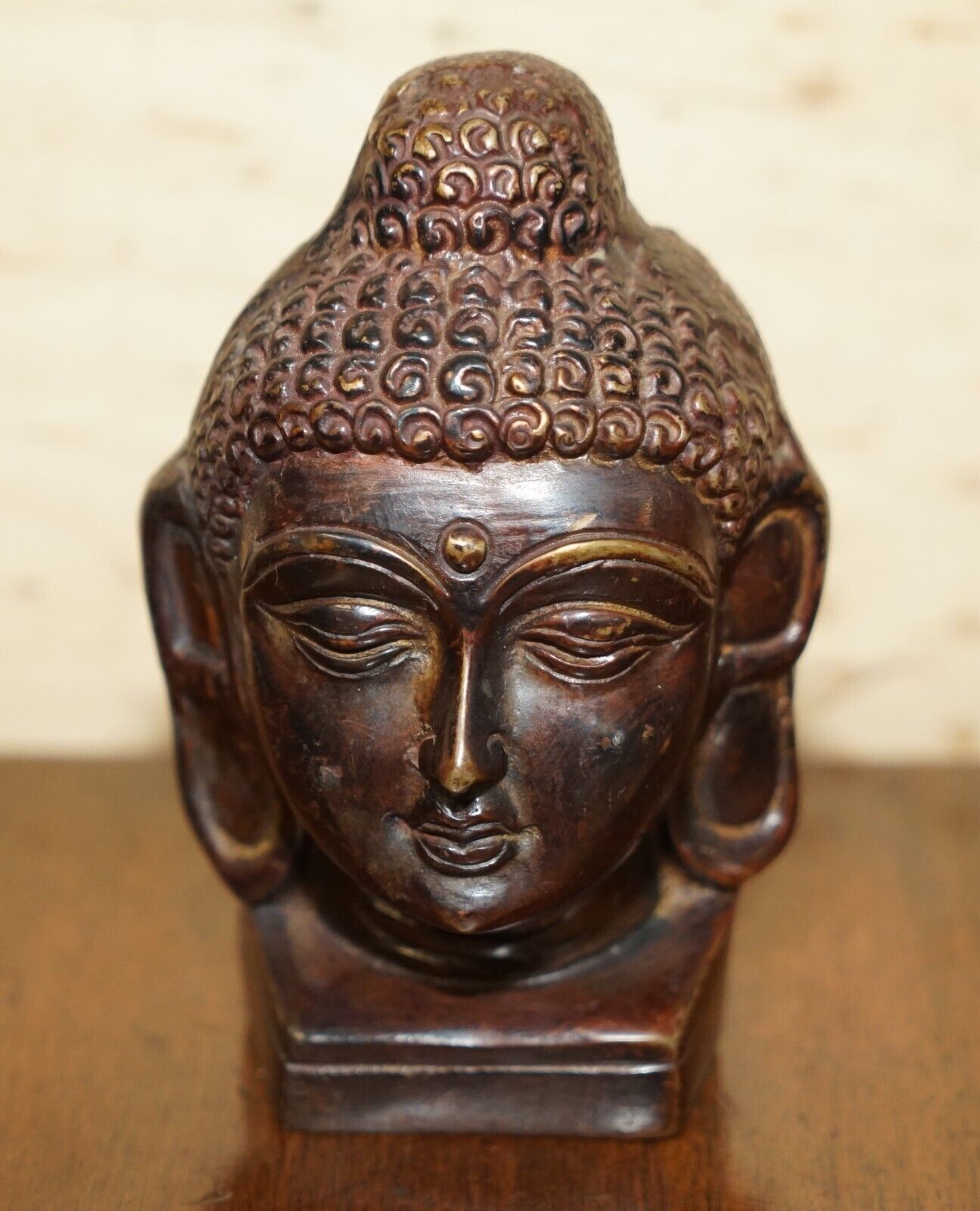 Art Lovely Pair Of Indonesian Bronzed Buddha Heads Very Decorative Lovely Patina photo