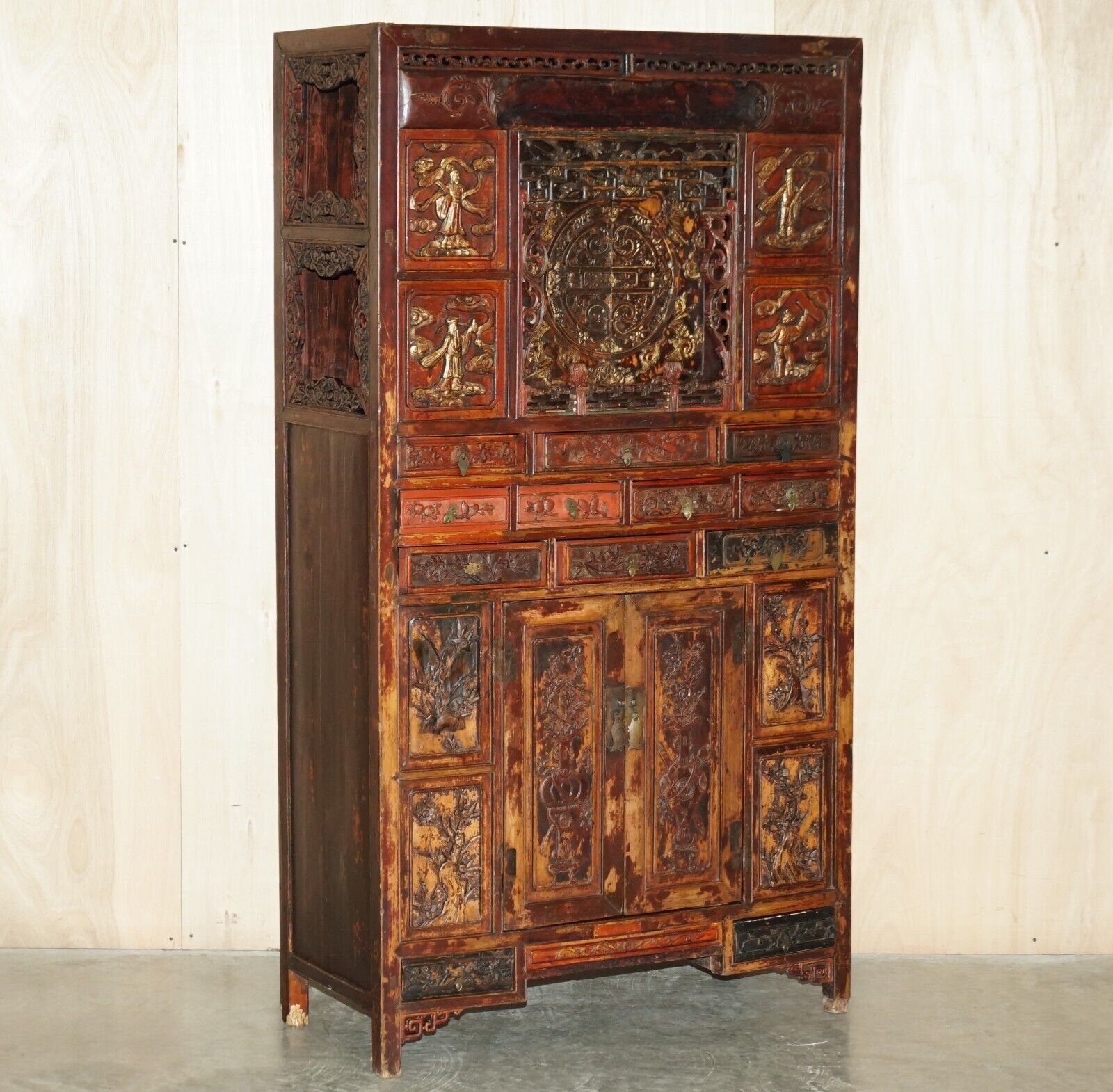 Antique Circa 1860 Chinese Hand Painted Wedding Cabinet Housekeepers Cupboard