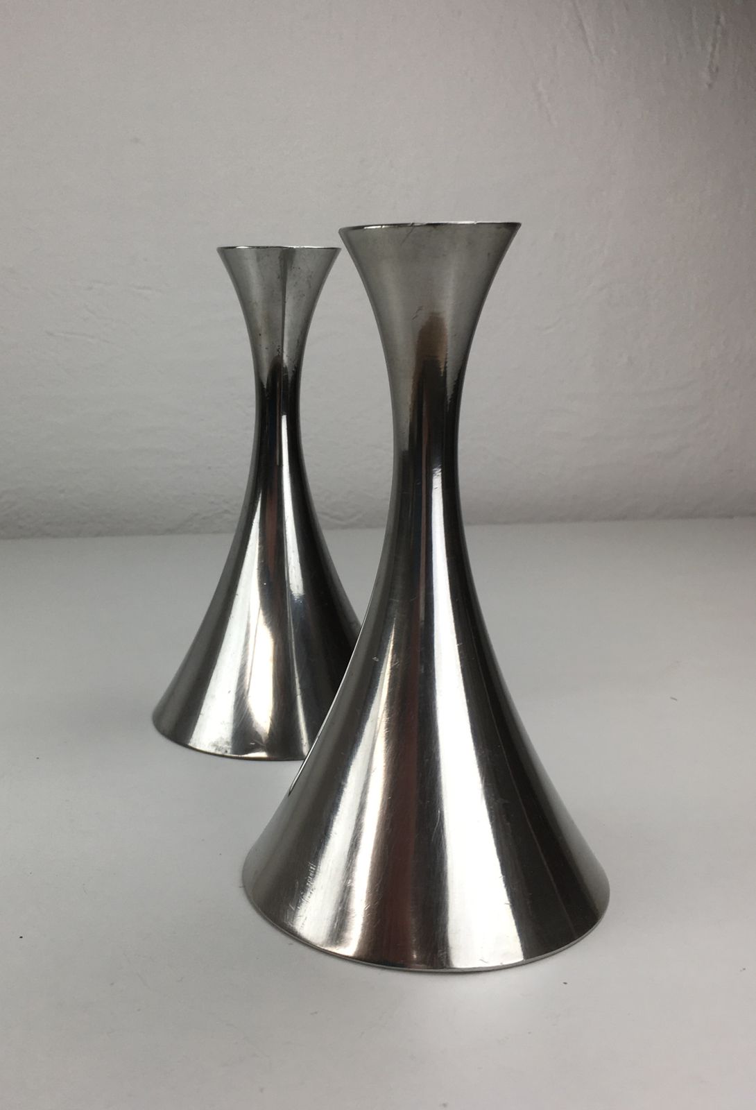 Set Of Two Danish Just Andersen Circular Pewter Candle Holders 1940's photo for sale