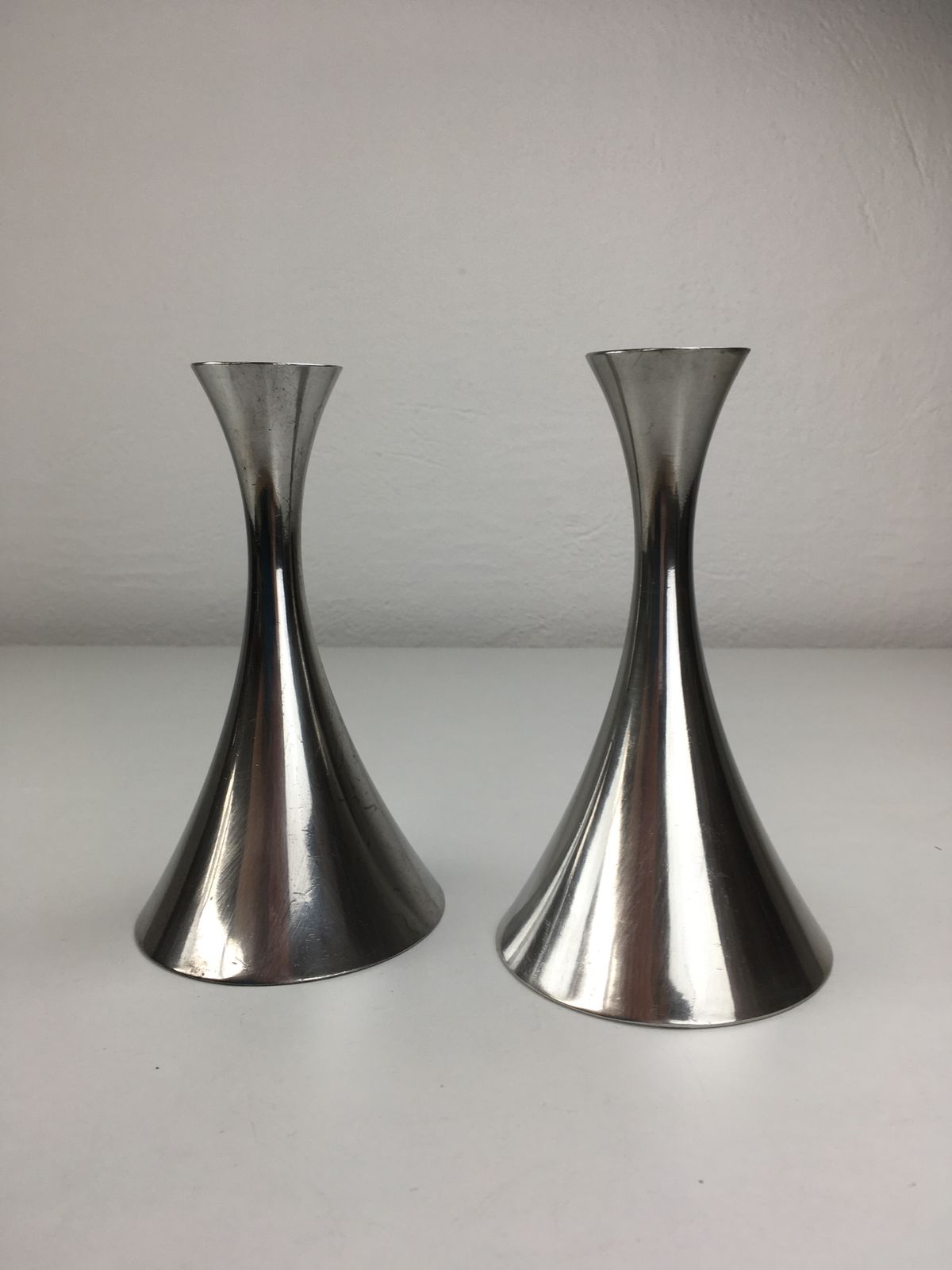 Set Of Two Danish Just Andersen Circular Pewter Candle Holders 1940's