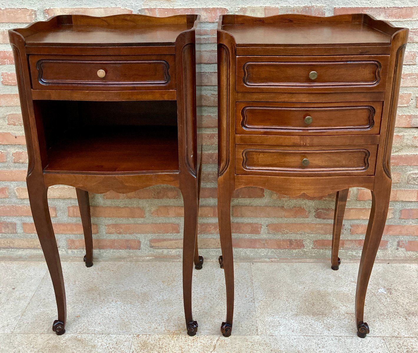 French Walnut Nightstand With Drawers And Shelf, 1950s, Set Of 2 photo vinterior