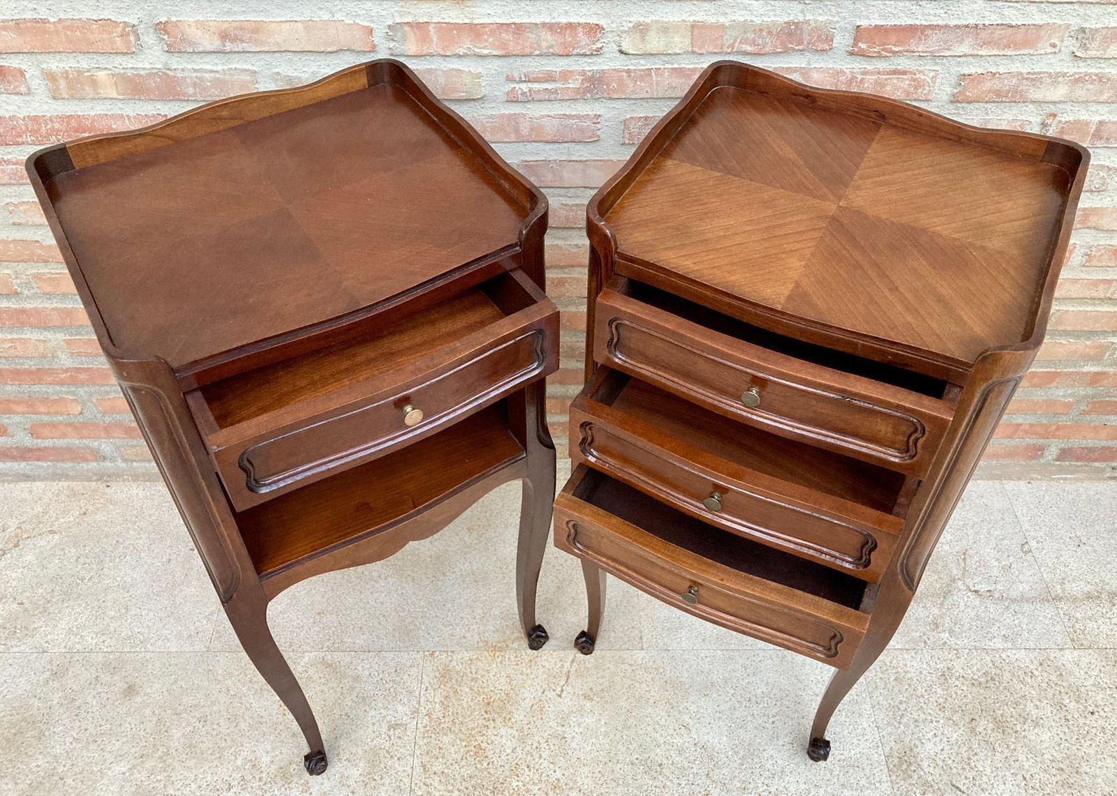 photo vinterior French Walnut Nightstand With Drawers And Shelf, 1950s, Set Of 2
