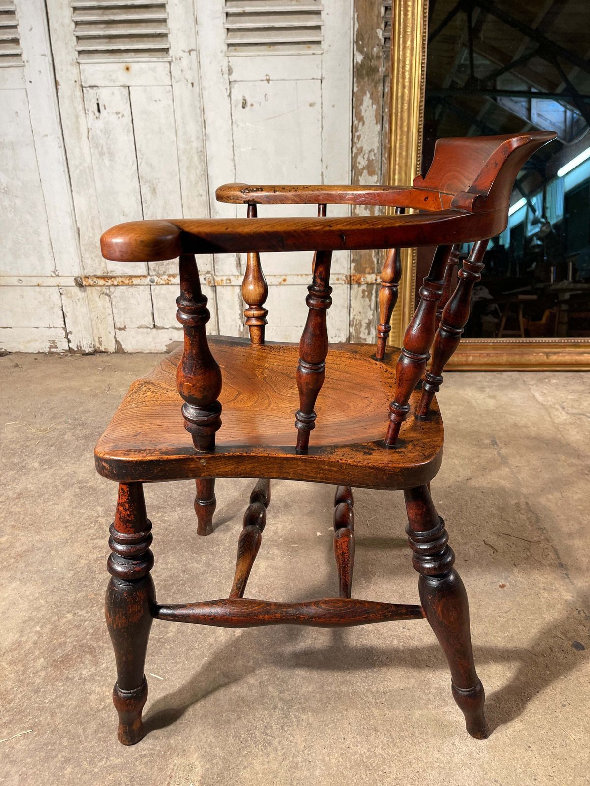 Exceptional Antique English Elm Captains Elbow/Desk Chair With Makers Initials & Original Oxidised Treacle Black/Red Paintwork Circa 1850 photo furniture