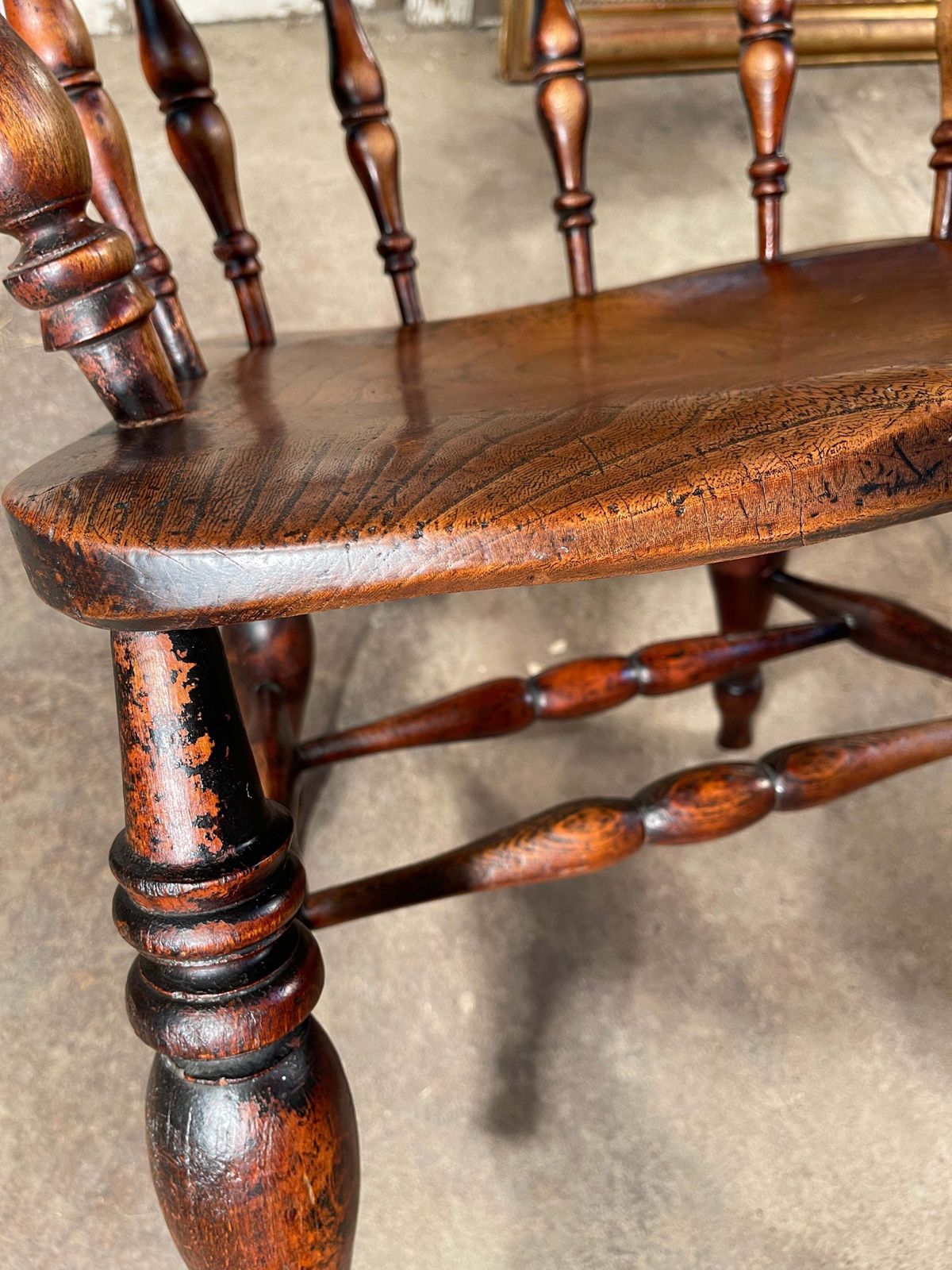 Exceptional Antique English Elm Captains Elbow/Desk Chair With Makers Initials & Original Oxidised Treacle Black/Red Paintwork Circa 1850 photo for sale
