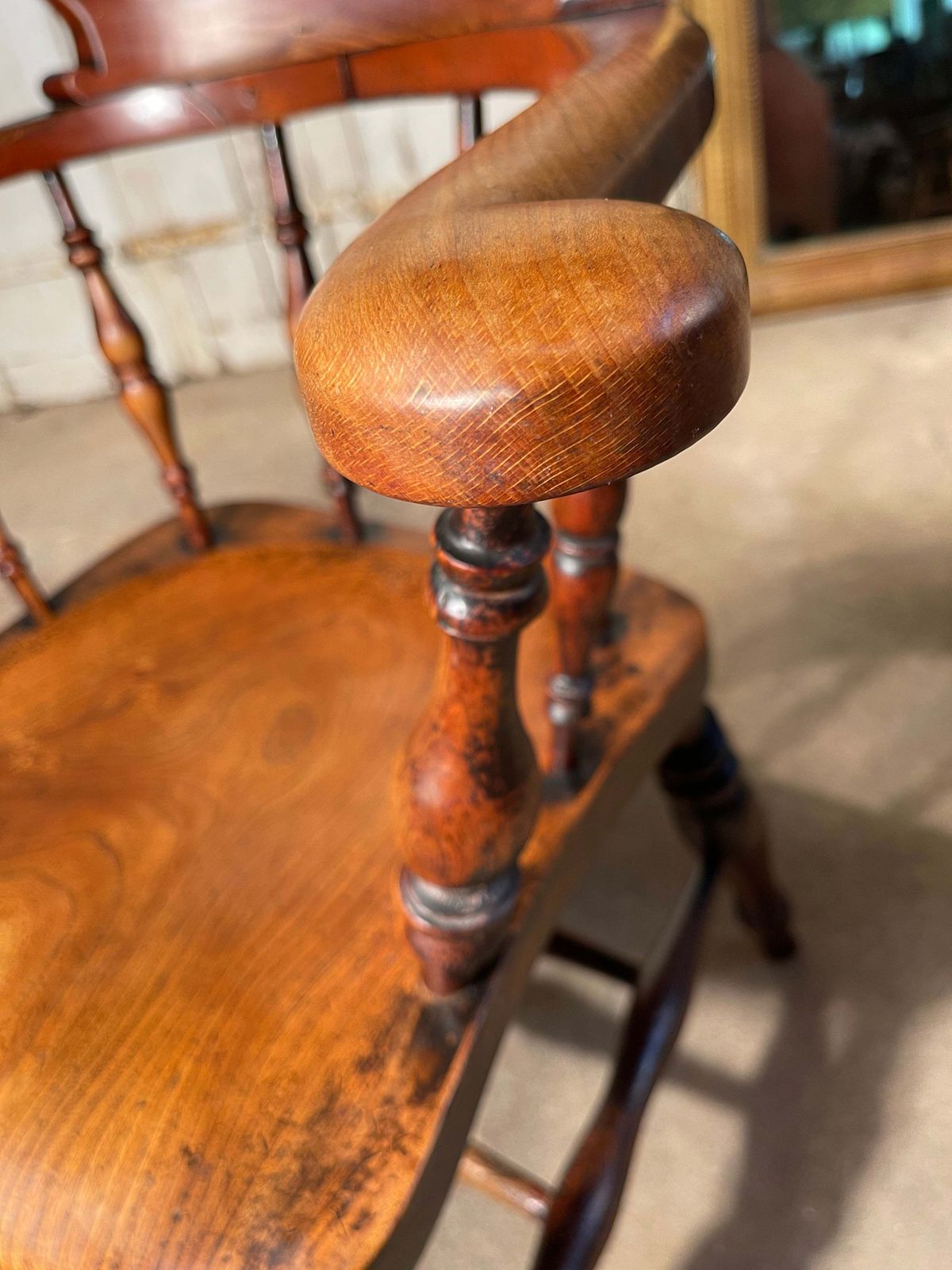 Exceptional Antique English Elm Captains Elbow/Desk Chair With Makers Initials & Original Oxidised Treacle Black/Red Paintwork Circa 1850 photo Furniture