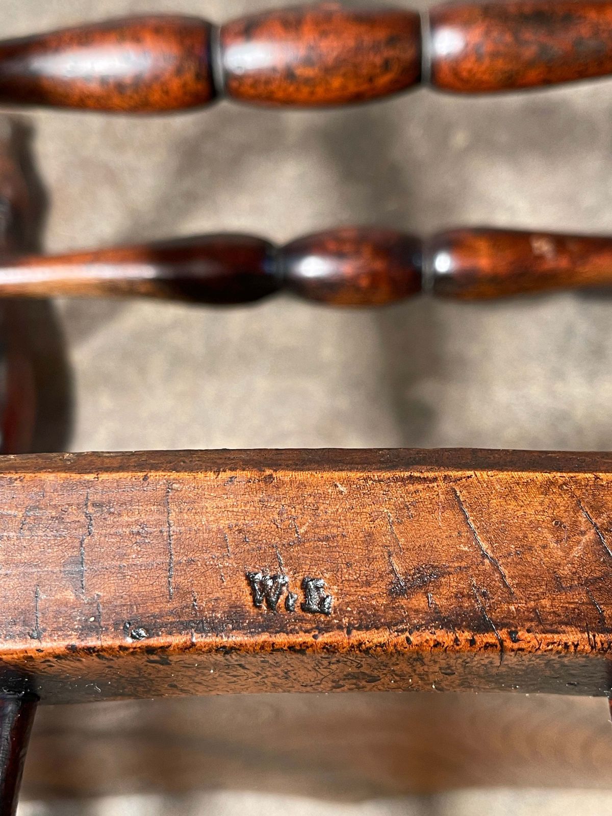 Exceptional Antique English Elm Captains Elbow/Desk Chair With Makers Initials & Original Oxidised Treacle Black/Red Paintwork Circa 1850 photo 995.0
