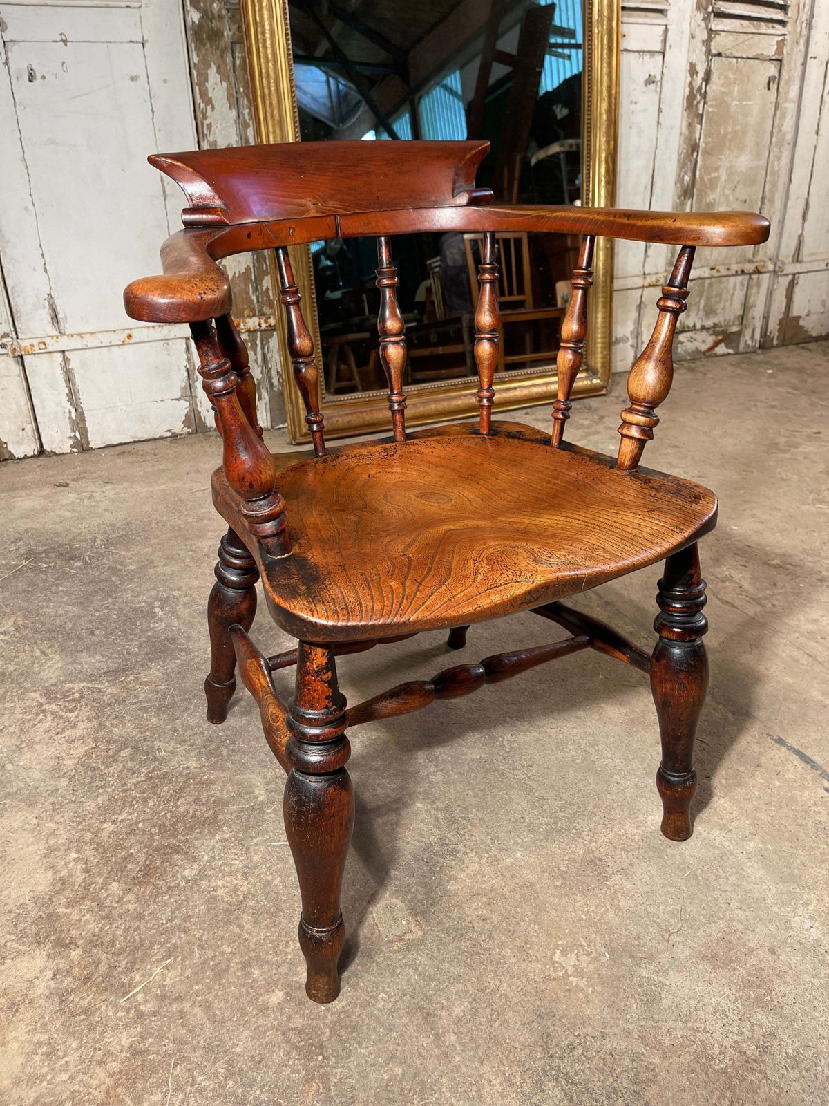 Exceptional Antique English Elm Captains Elbow/Desk Chair With Makers Initials & Original Oxidised Treacle Black/Red Paintwork Circa 1850 photo buy