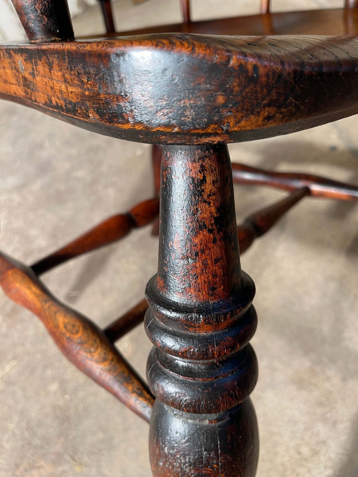 Furniture Exceptional Antique English Elm Captains Elbow/Desk Chair With Makers Initials & Original Oxidised Treacle Black/Red Paintwork Circa 1850 photo