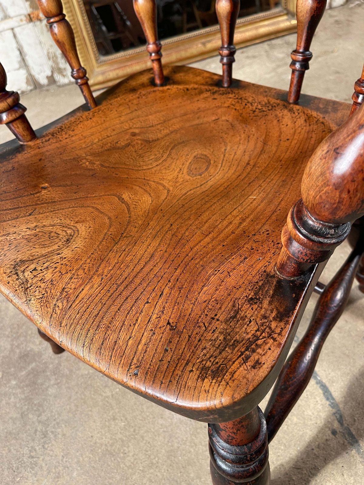 photo buy Exceptional Antique English Elm Captains Elbow/Desk Chair With Makers Initials & Original Oxidised Treacle Black/Red Paintwork Circa 1850