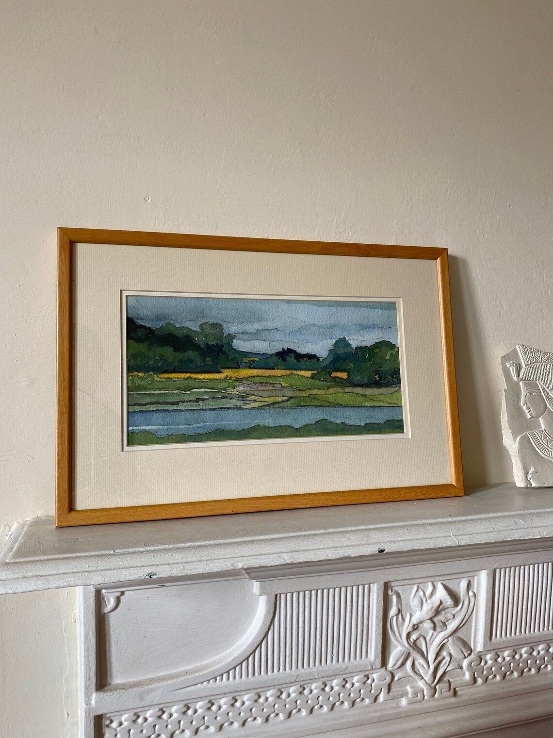 1970s Landscape Watercolour Painting In Blues & Greens, Original Vintage Artwork Of Lakeside Woodland Scene Glazed And Framed In Solid Wood