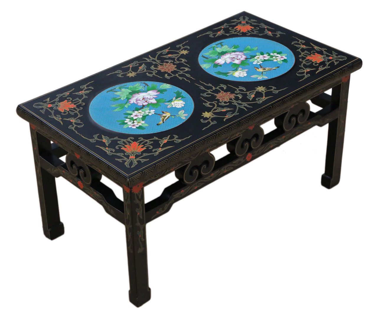 Antique Retro Fine Quality Chinoiserie Chinese Decorated Black Lacquer Coffee Table Cloisonne Panels