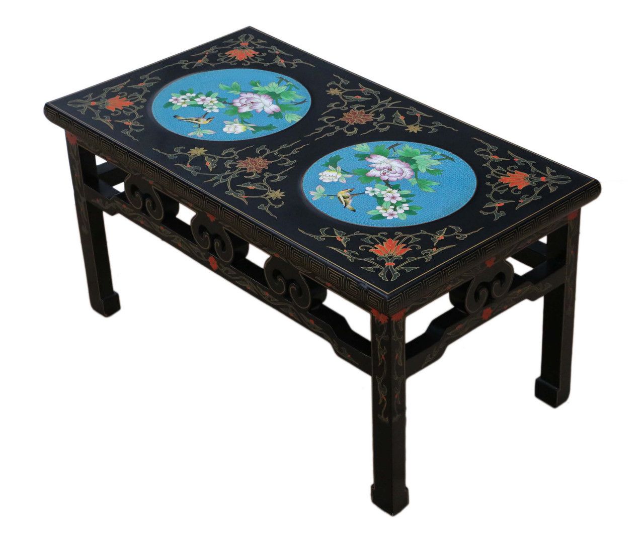 Antique Retro Fine Quality Chinoiserie Chinese Decorated Black Lacquer Coffee Table Cloisonne Panels photo furniture