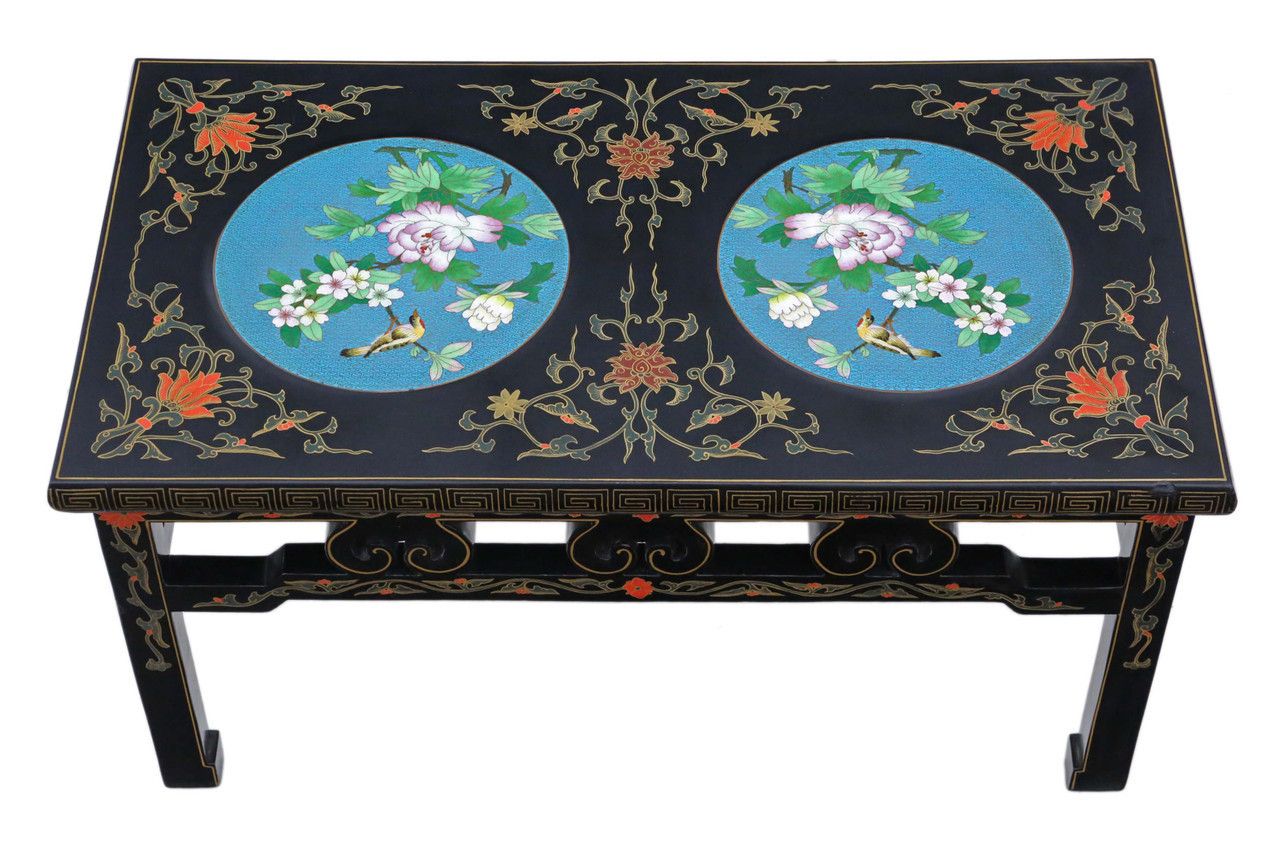 Antique Retro Fine Quality Chinoiserie Chinese Decorated Black Lacquer Coffee Table Cloisonne Panels photo 1695.0