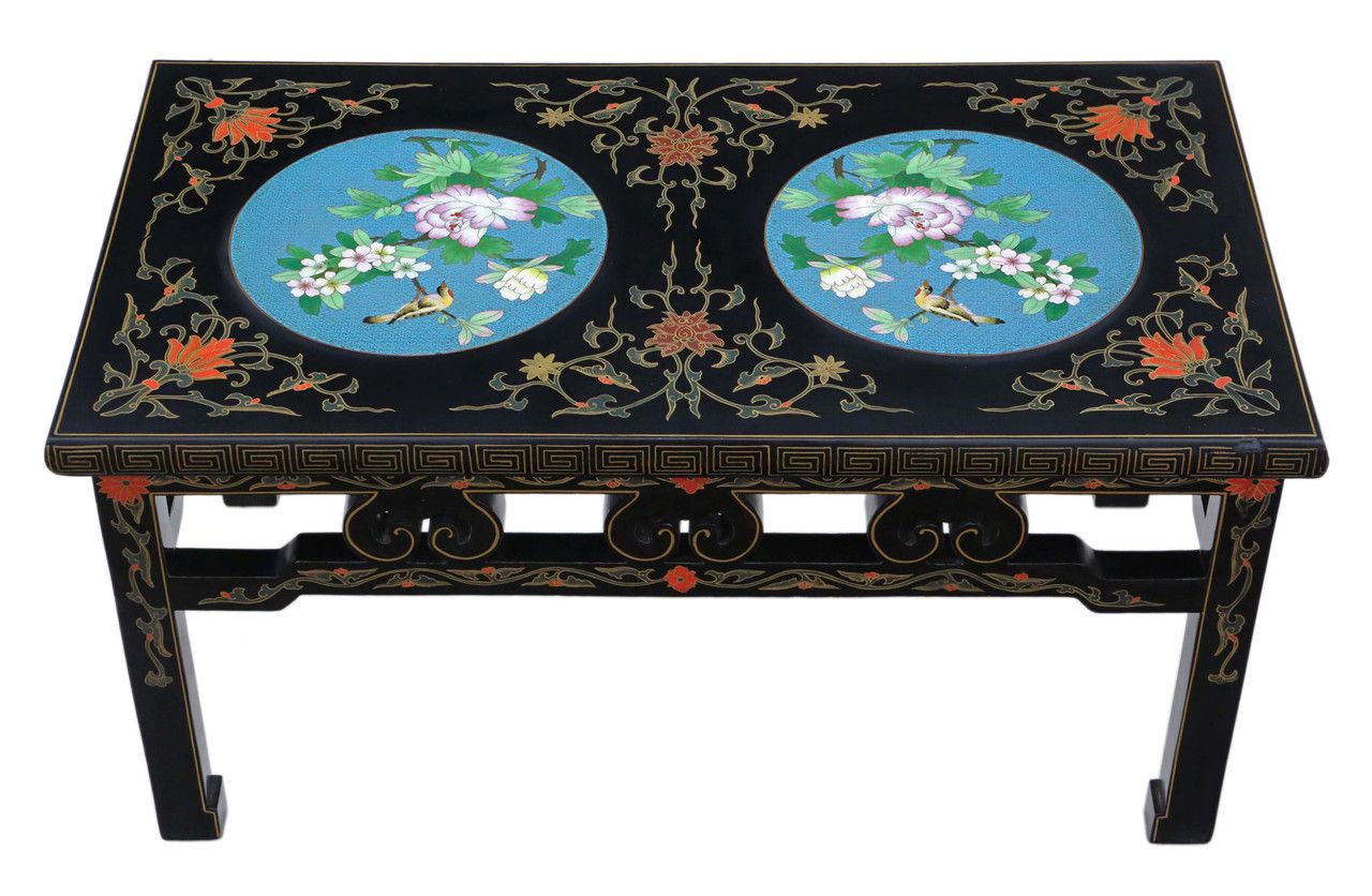 Antique Retro Fine Quality Chinoiserie Chinese Decorated Black Lacquer Coffee Table Cloisonne Panels photo vinterior