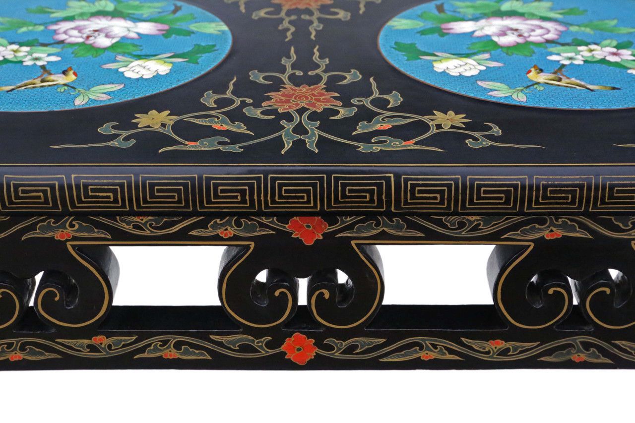 Antique Retro Fine Quality Chinoiserie Chinese Decorated Black Lacquer Coffee Table Cloisonne Panels photo buy