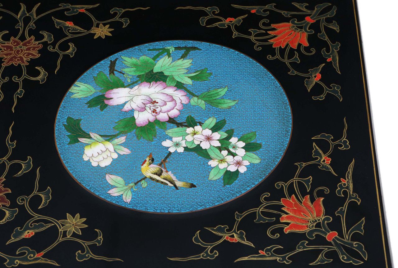 Antique Retro Fine Quality Chinoiserie Chinese Decorated Black Lacquer Coffee Table Cloisonne Panels photo vintage