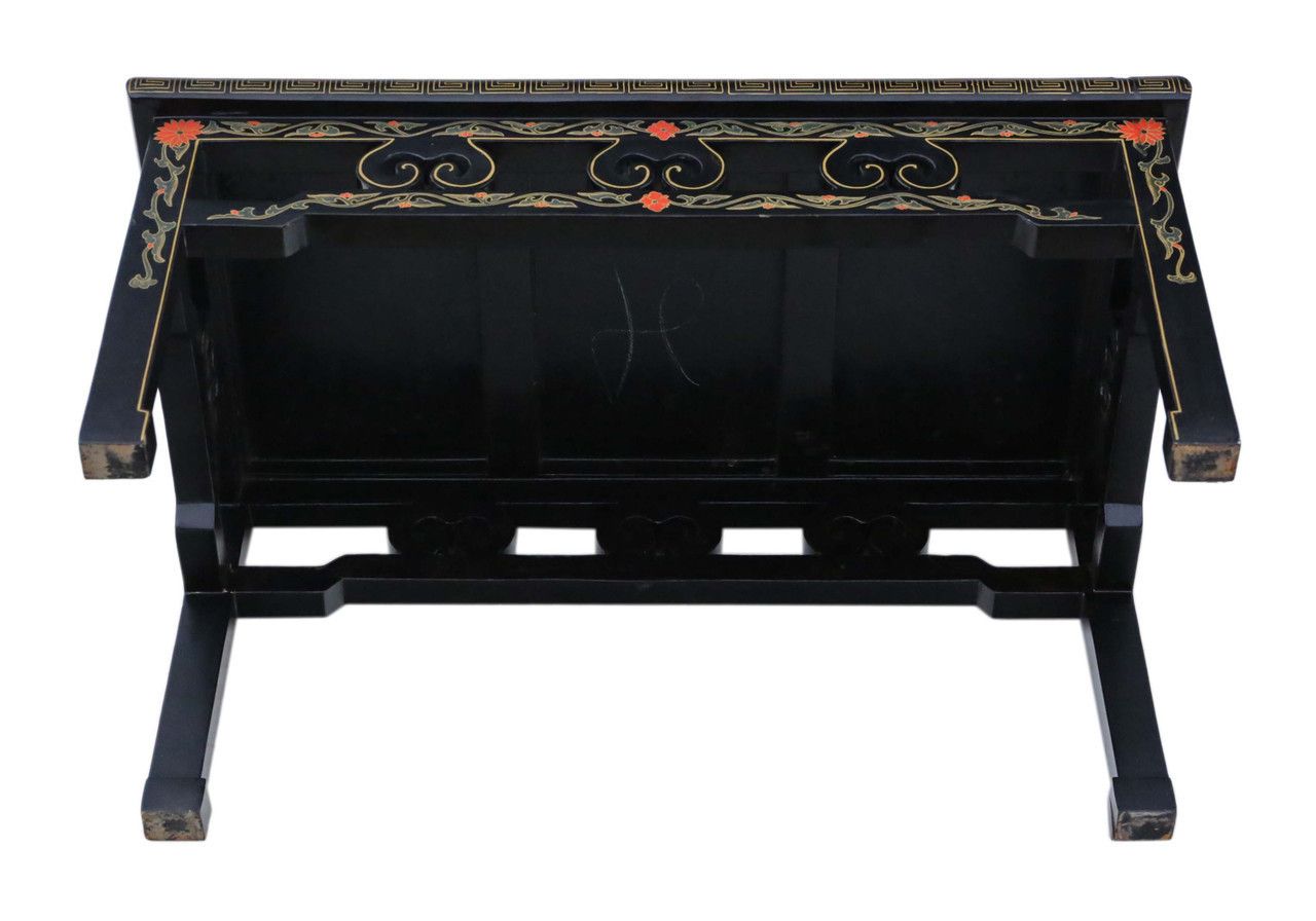 photo for sale Antique Retro Fine Quality Chinoiserie Chinese Decorated Black Lacquer Coffee Table Cloisonne Panels