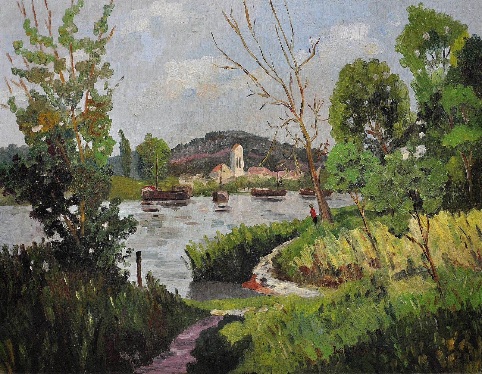 Torcello. Venice Lagoon. Framed  Mid 20th Century Oil Painting. Signed Ivor Davies, Dated 1961. Decorative Venetian Landscape. photo furniture