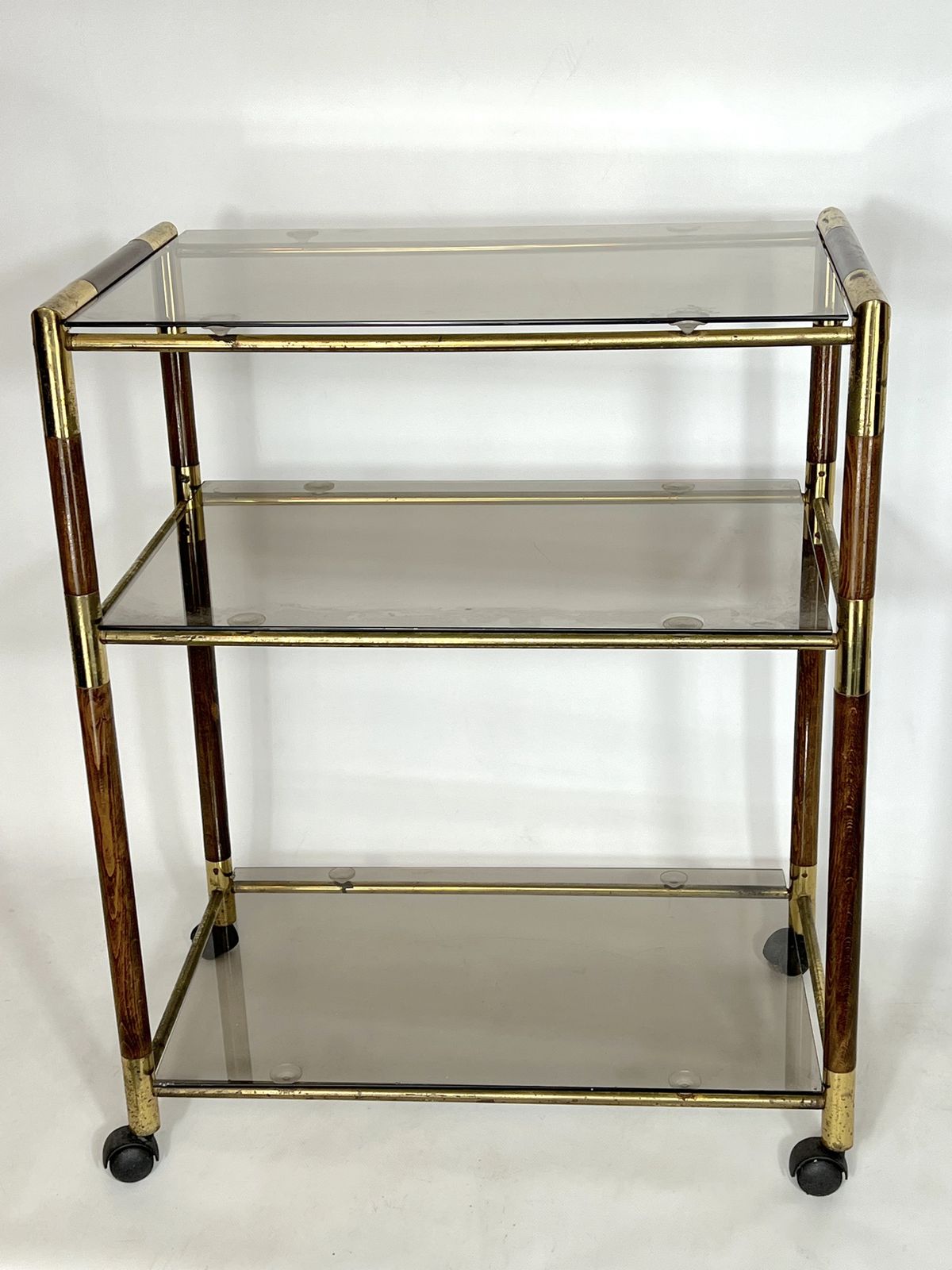 Vintage Italian Three Shelves Brass And Wood Trolley Or Bar Cart By Tommaso Barbi. 1970s photo for sale