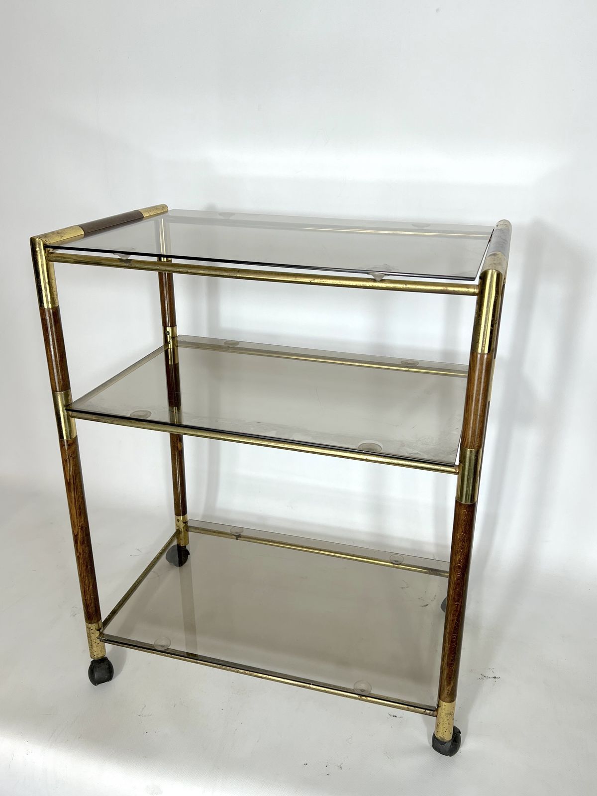 Vintage Italian Three Shelves Brass And Wood Trolley Or Bar Cart By Tommaso Barbi. 1970s photo Furniture