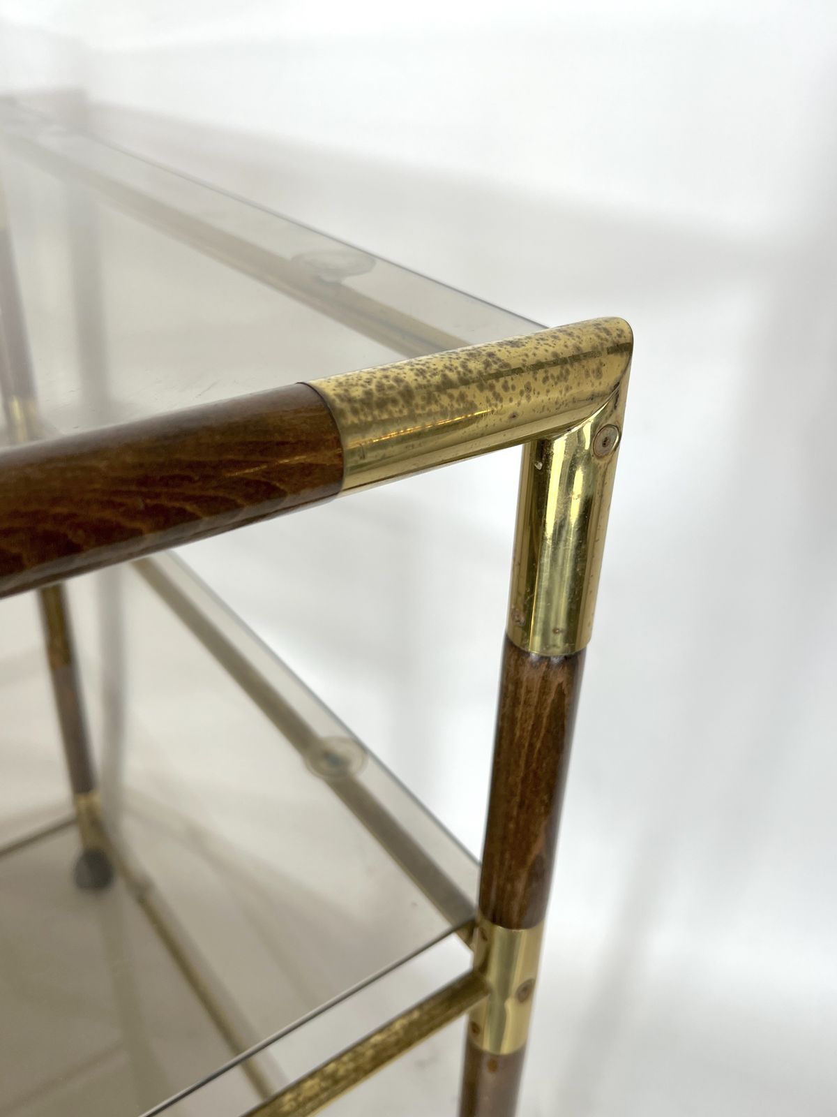 Vintage Italian Three Shelves Brass And Wood Trolley Or Bar Cart By Tommaso Barbi. 1970s photo vinterior
