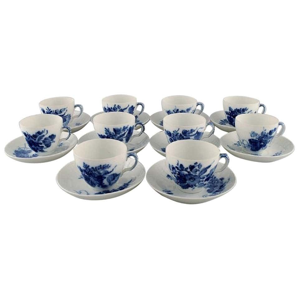 10 Royal Copenhagen Blue Flower Curved Coffee Cups With Saucers, 1960s