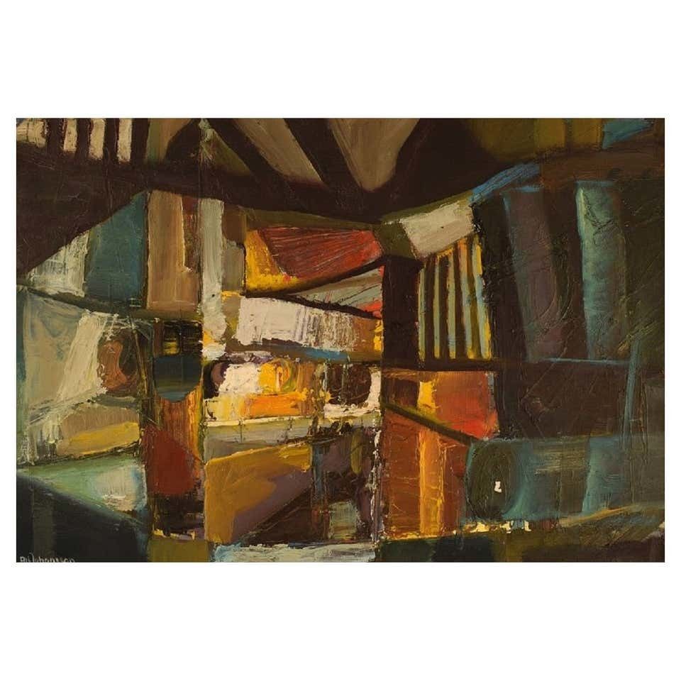 Alf Johansson '1934 2020', Swedish Artist, Oil On Canvas, Abstract Composition