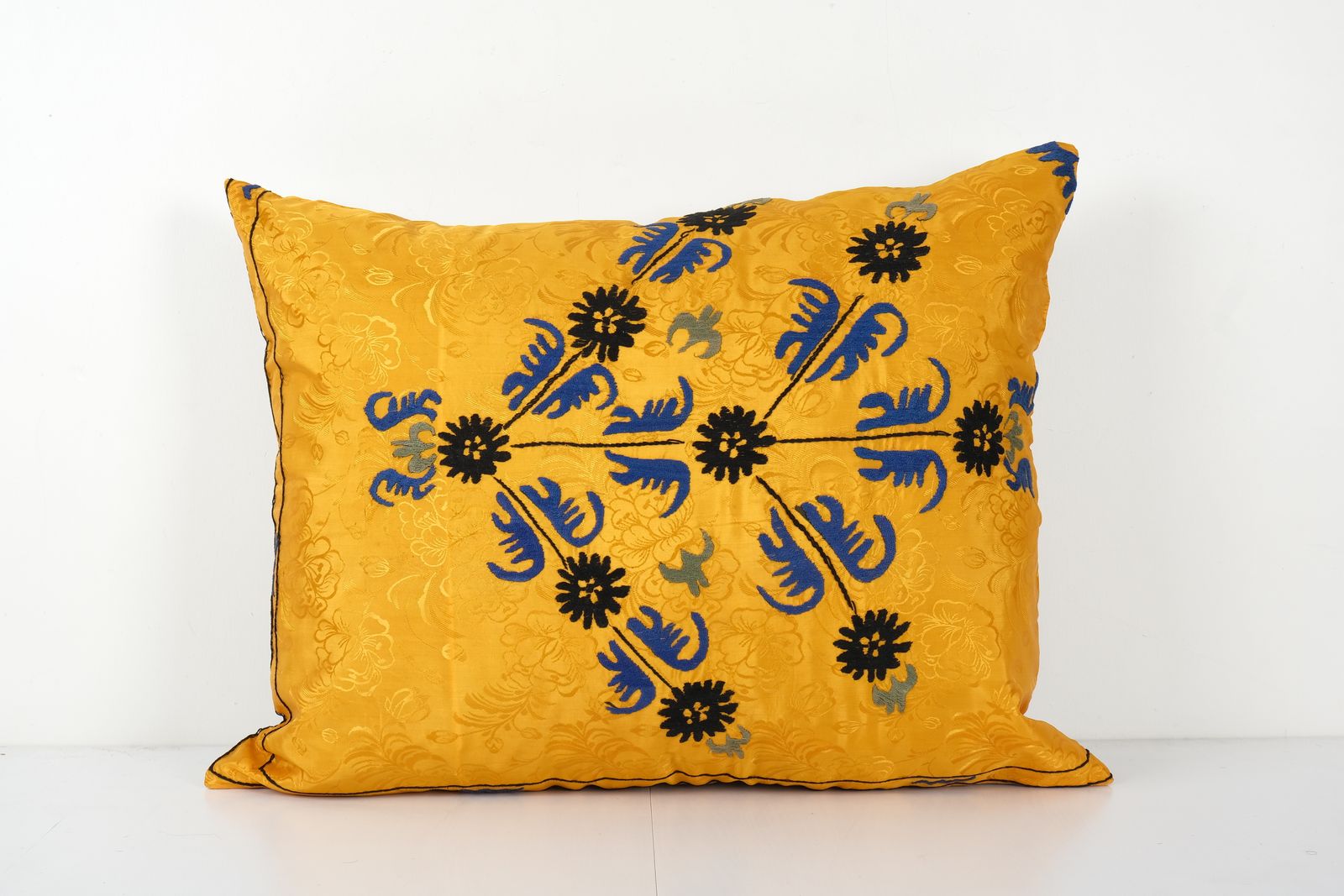 Suzani Yellow Pillow Fashioned From Uzbek Textile   Square Embroidered Pillow Cover   Boho Ethnic Cushion Cover 22'' X 30''