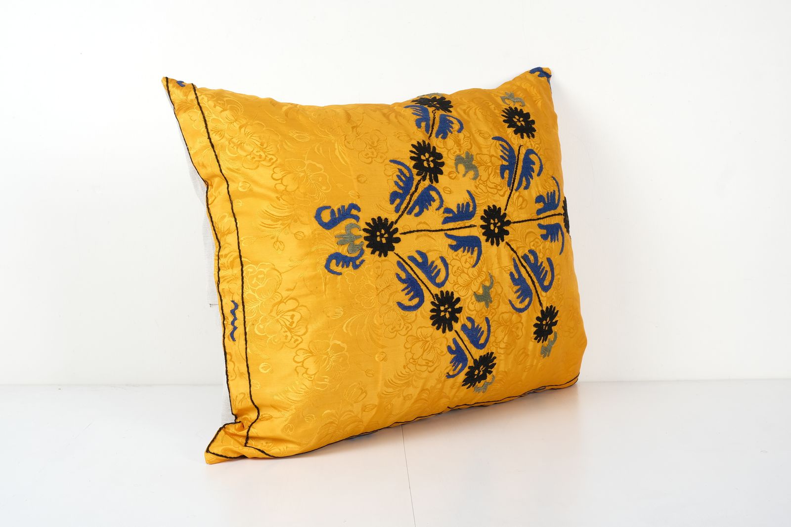 Suzani Yellow Pillow Fashioned From Uzbek Textile   Square Embroidered Pillow Cover   Boho Ethnic Cushion Cover 22'' X 30'' photo Textiles