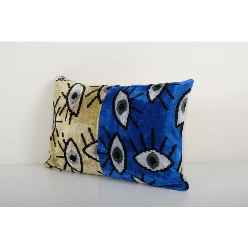 Ikat Yellow And Blue Eye Pillow Cover   Silk Patchwork Velvet Lumbar Pillow Cover   Velvet Ikat Pillow 16'' X 24'' photo furniture
