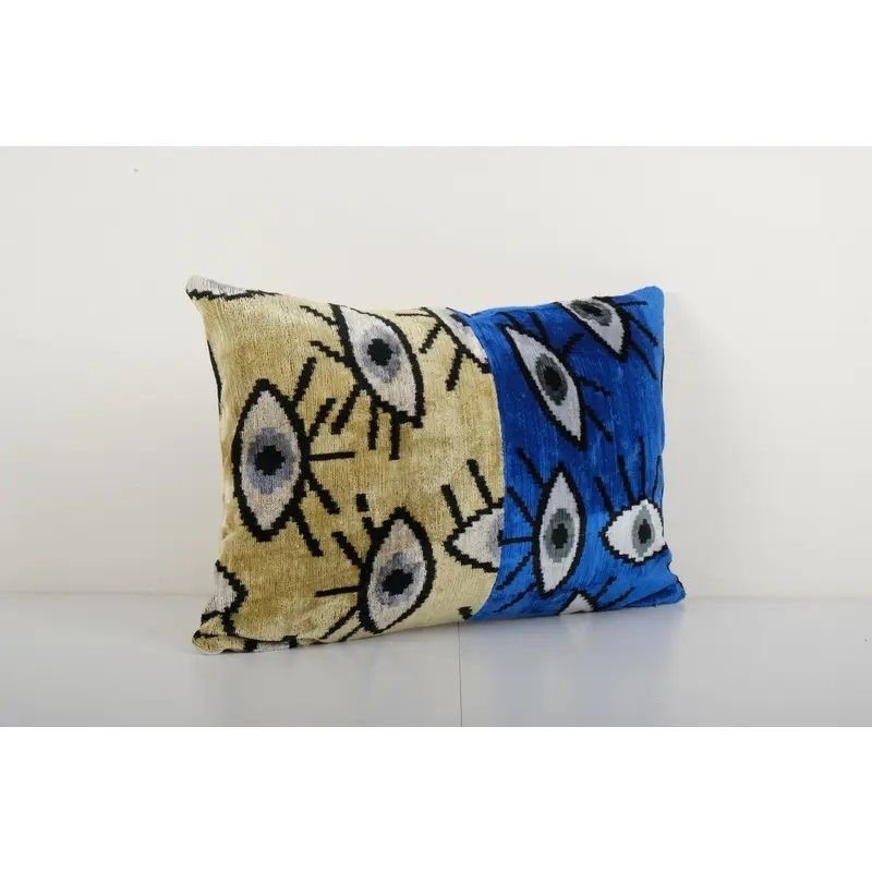 Ikat Yellow And Blue Eye Pillow Cover   Silk Patchwork Velvet Lumbar Pillow Cover   Velvet Ikat Pillow 16'' X 24'' photo Textiles