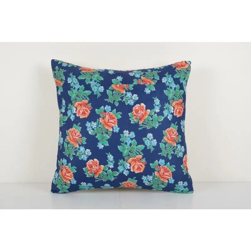 Old Caucasian Trade Cloth Pillow, Vintage Floral Roller Print Cushion Cover On Cotton 23'' X 24''