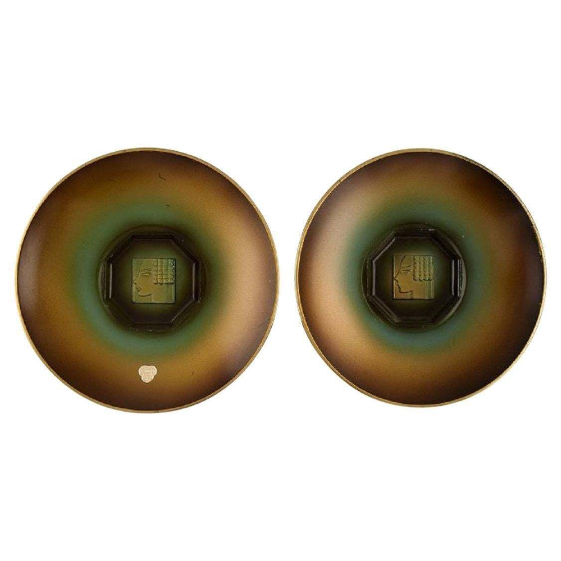 Zicu, Sweden. Two Art Deco Dishes/Bowls In Patinated Metal With Faces In Relief