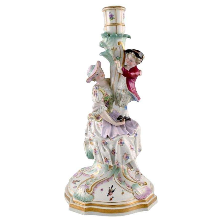Antique Meissen Candlestick In Hand Painted Porcelain, Late 19th C