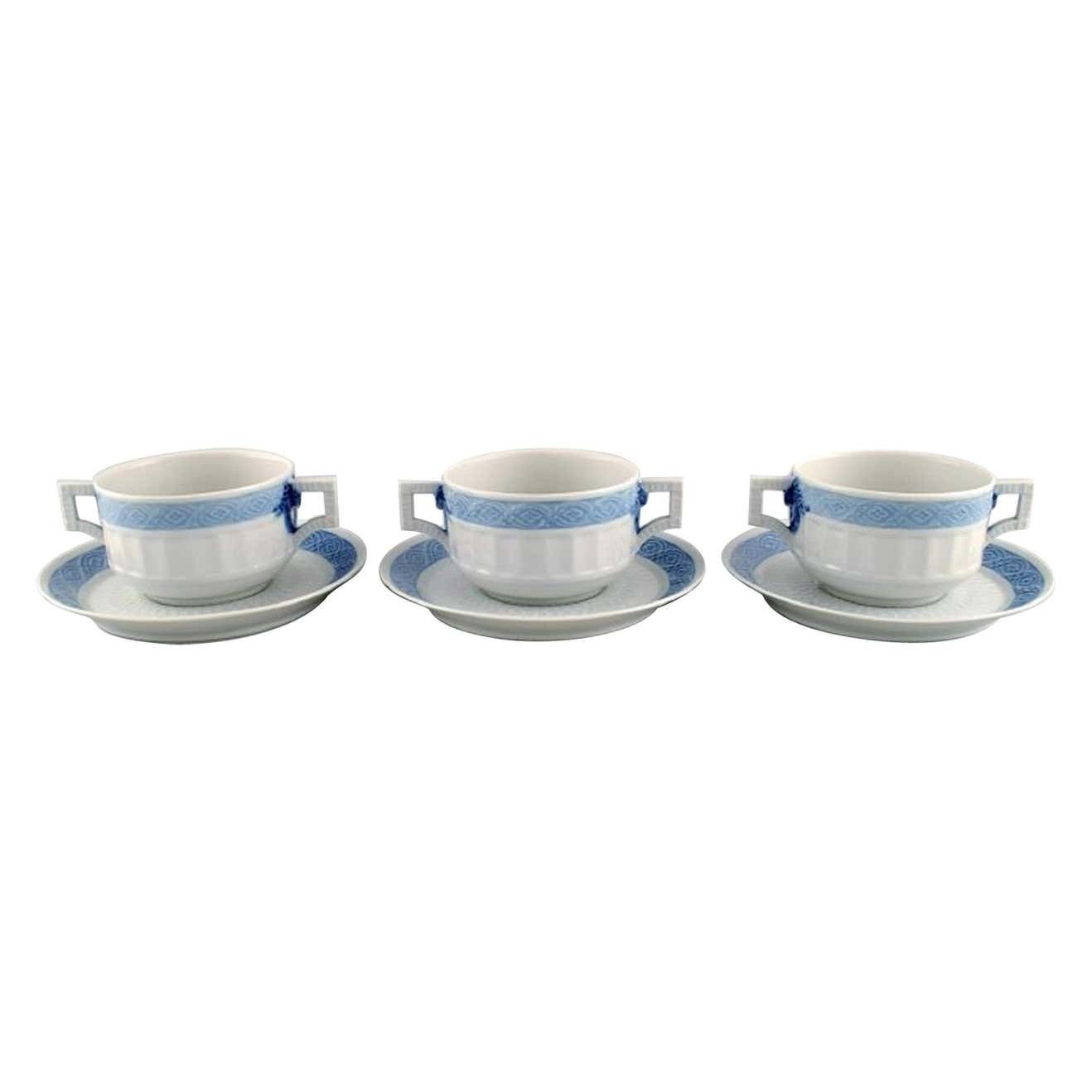 Three Royal Copenhagen Blue Fan Bouillon Cups With Saucers