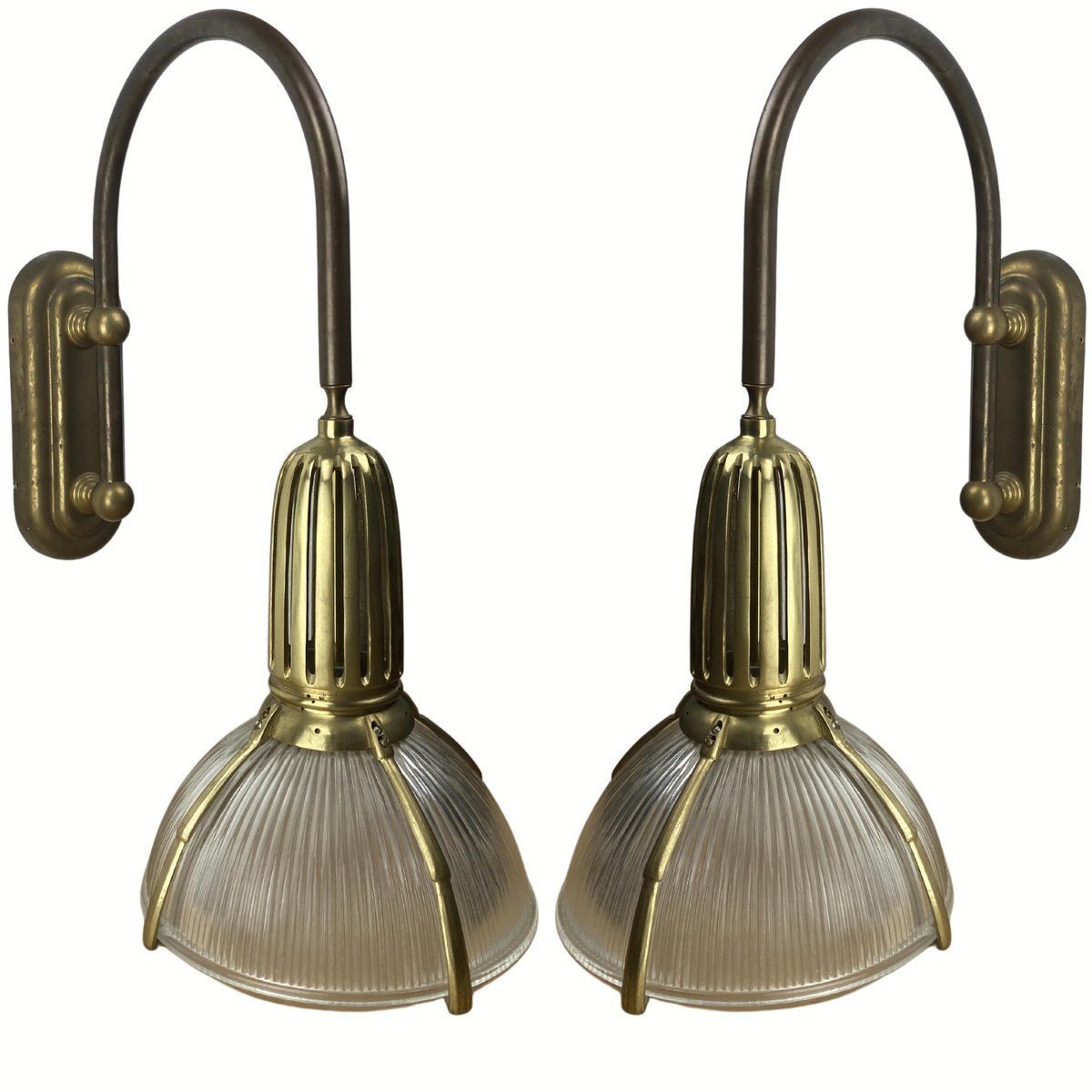 Art Deco Holophane Cut Glass And Brass Wall Lamps, 1970s, Set Of 2