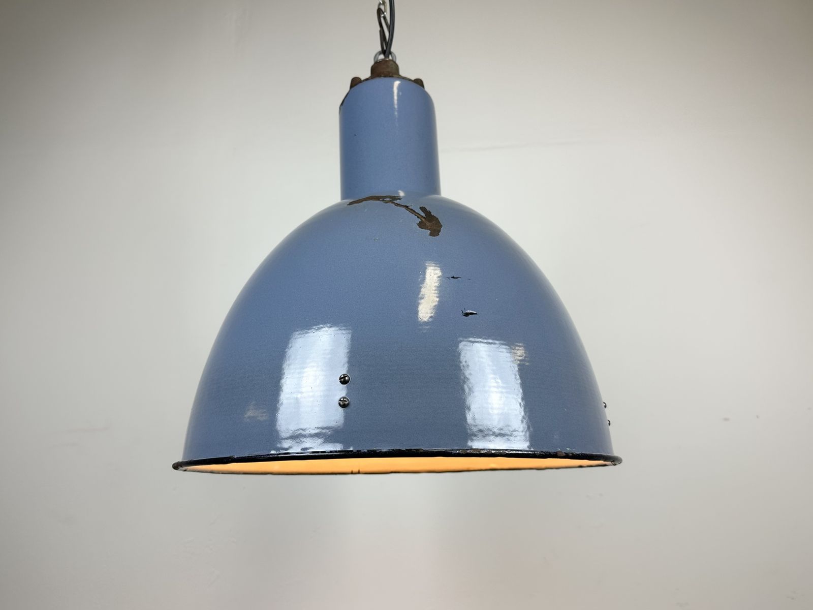 Bauhaus Blue Enamel Factory Pendant Lamp, 1950s photo for sale