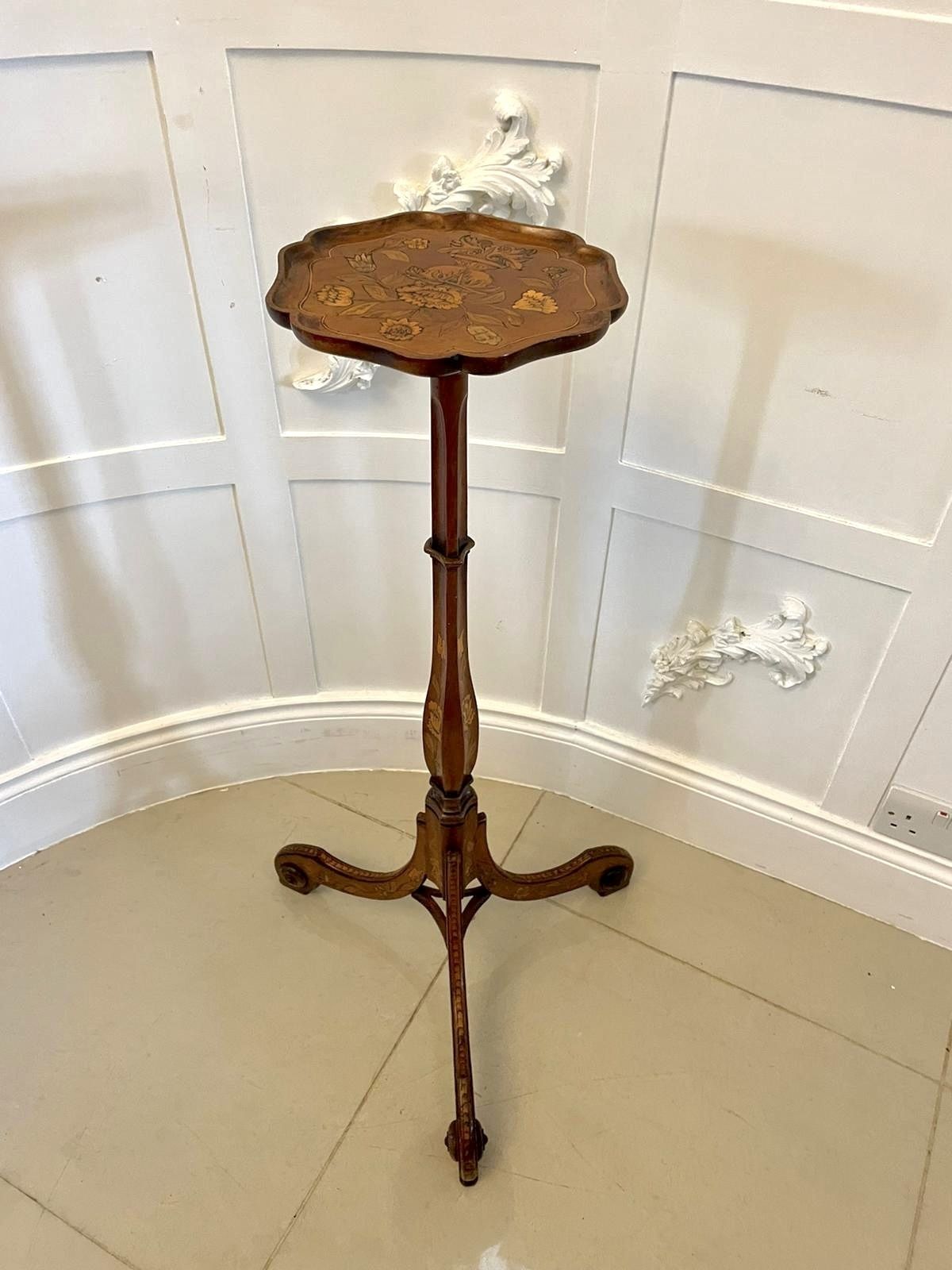 Antique 19th Century Quality Walnut Floral Marquetry Inlaid Candle Stand