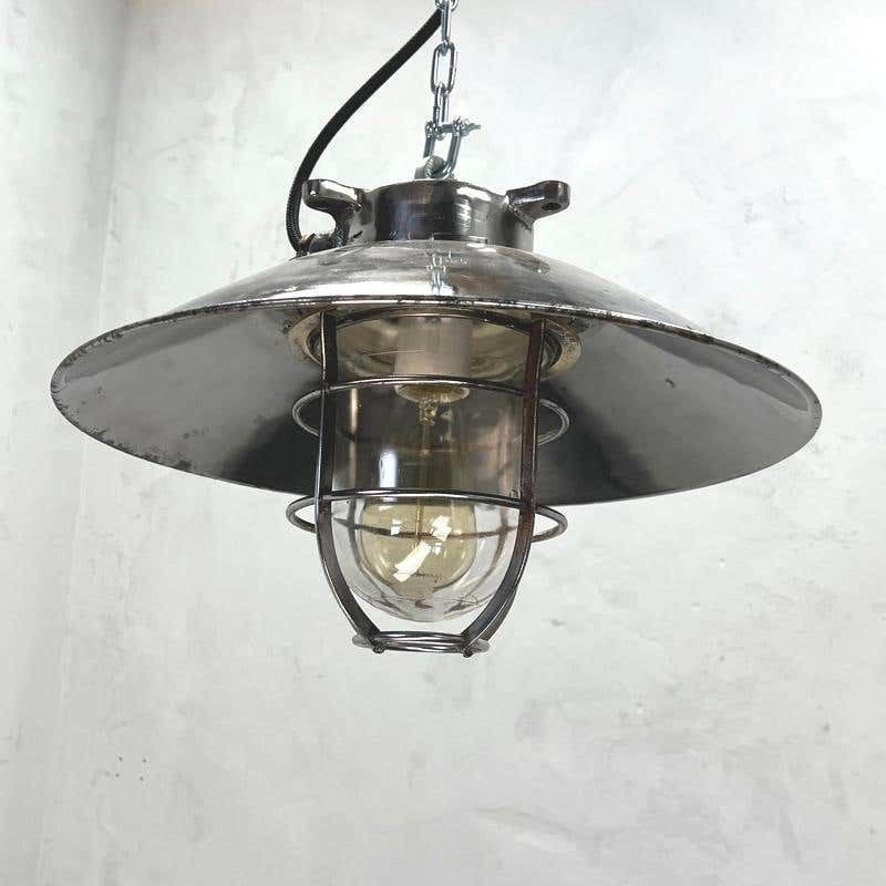1980's Japanese Cast Steel Explosion Proof Pendant, Cage & Glass Shade, Large photo for sale