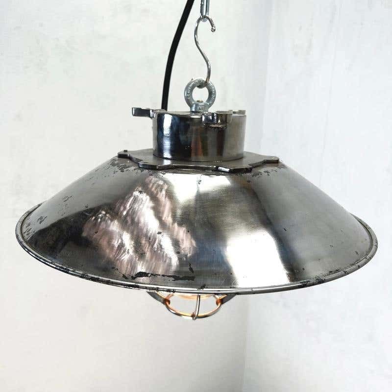 1980's Japanese Cast Steel Explosion Proof Pendant, Cage & Glass Shade, Large photo buy