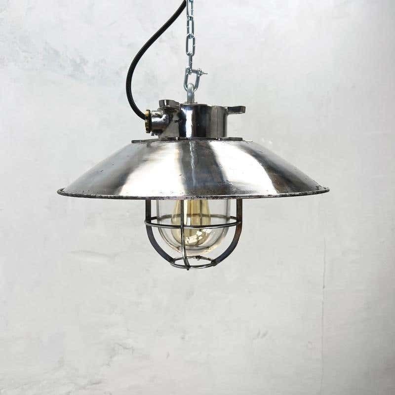 350.0 1980's Japanese Cast Steel Explosion Proof Pendant, Cage & Glass Shade, Large photo