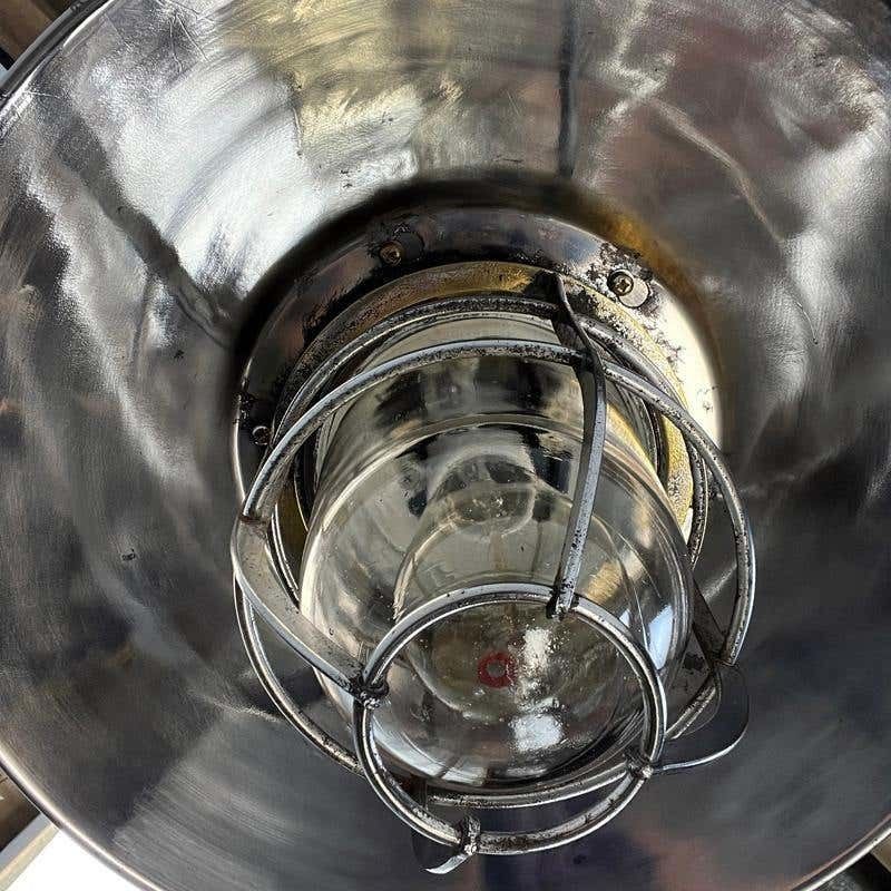 photo buy 1980's Japanese Cast Steel Explosion Proof Pendant, Cage & Glass Shade, Large