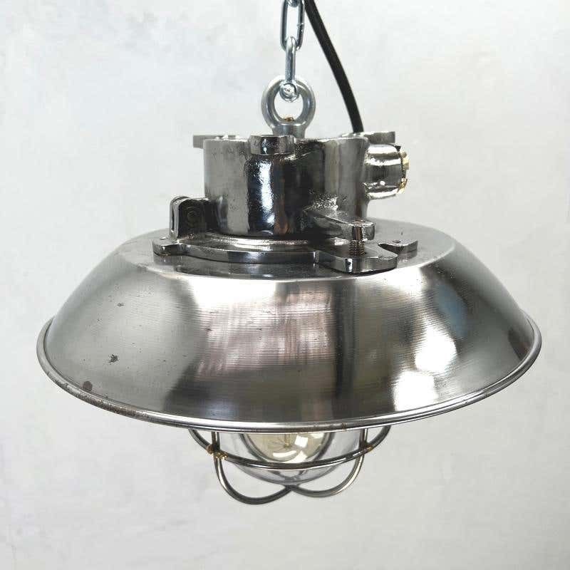 1980's Japanese Cast Steel Explosion Proof Pendant, Cage & Glass Shade photo for sale